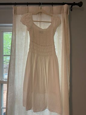 Smocked White Midi Dress with Puff Sleeves